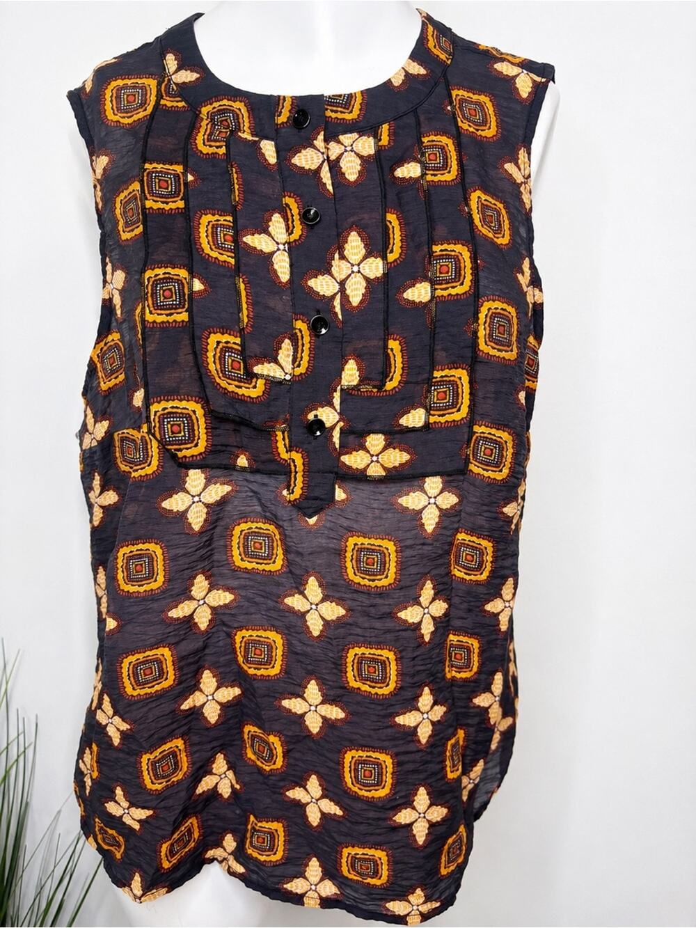 CAbi Dark Gray Sleeveless Top with Yellow & Orange Floral-Geometric Print